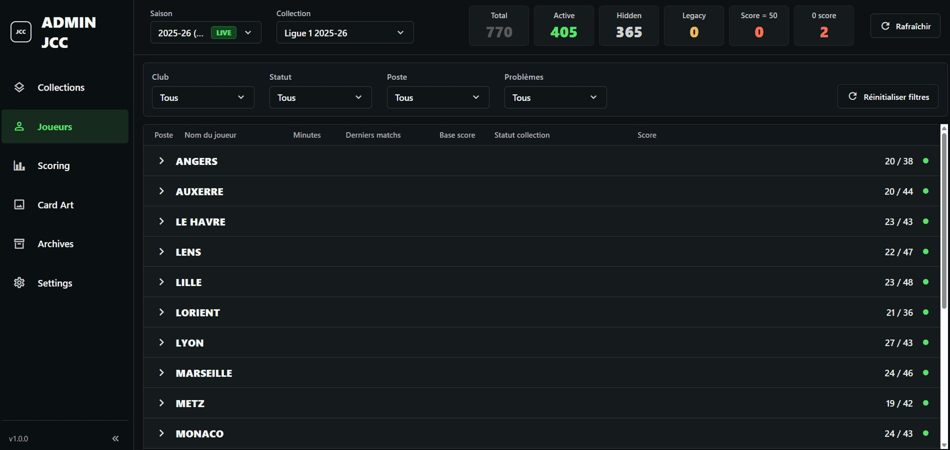 Interface admin JCC Football