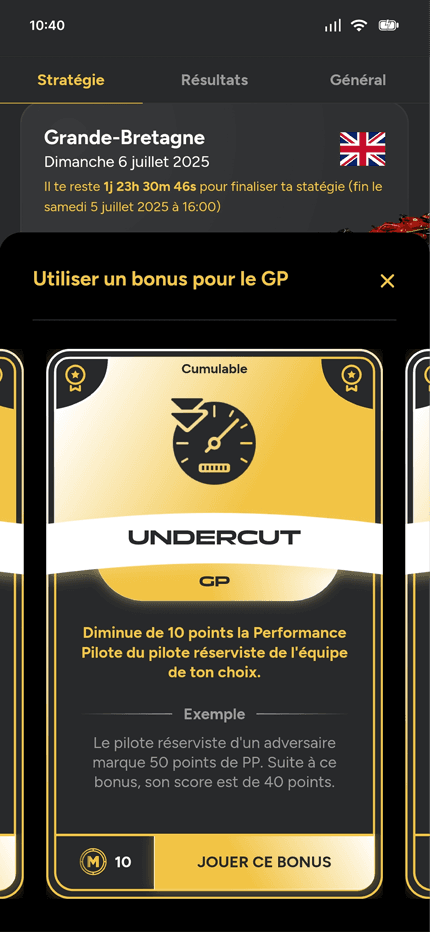 Sélection pilote mobile King Of Paddock