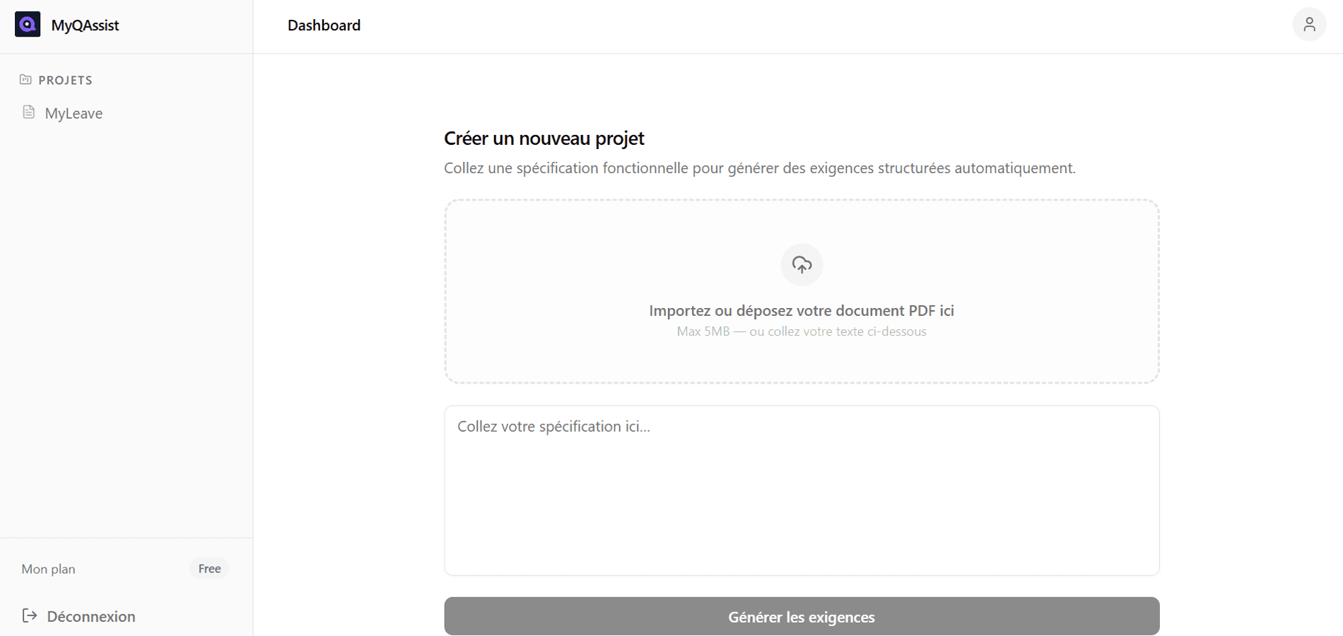 Dashboard projet MyQAssist