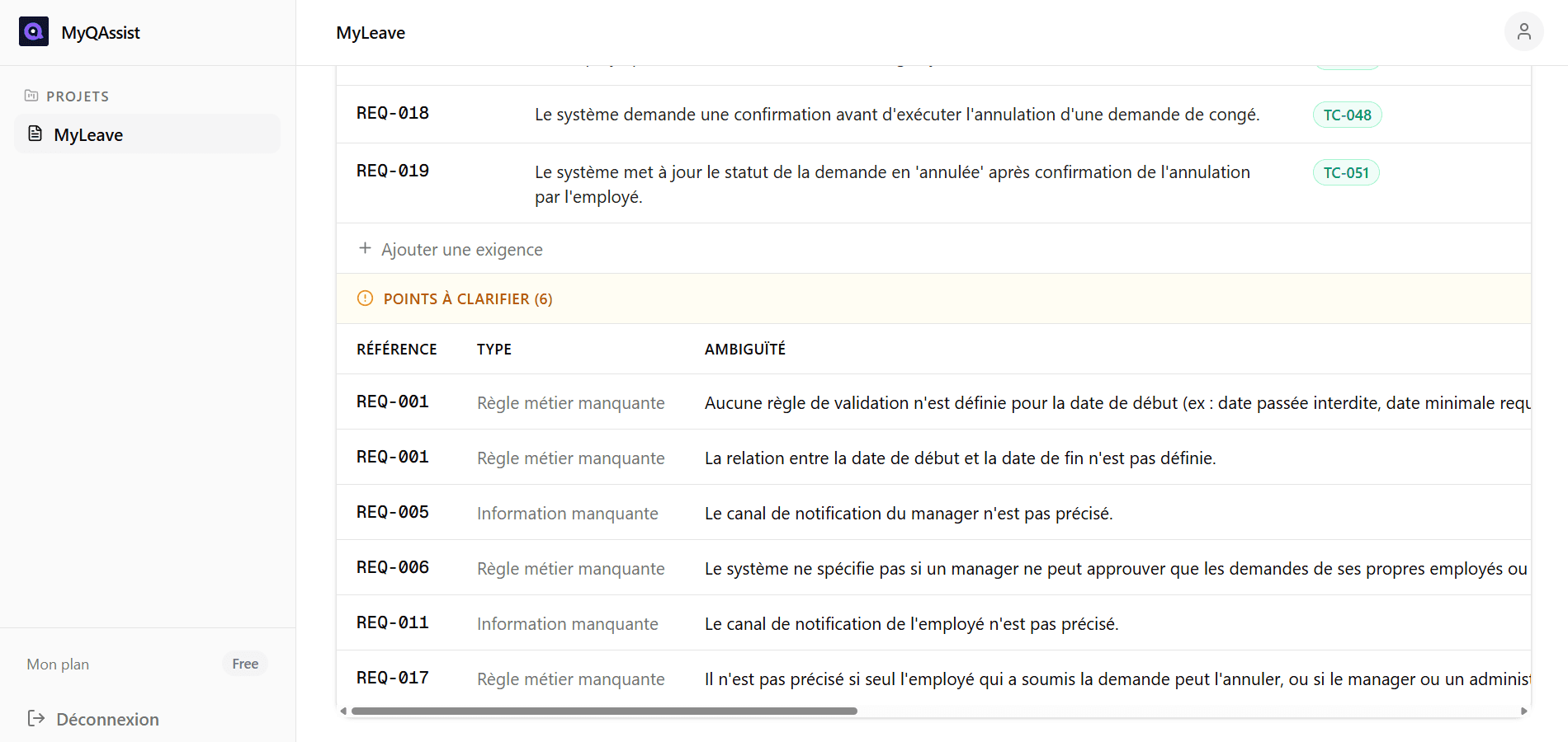 Cas de test generes dans MyQAssist