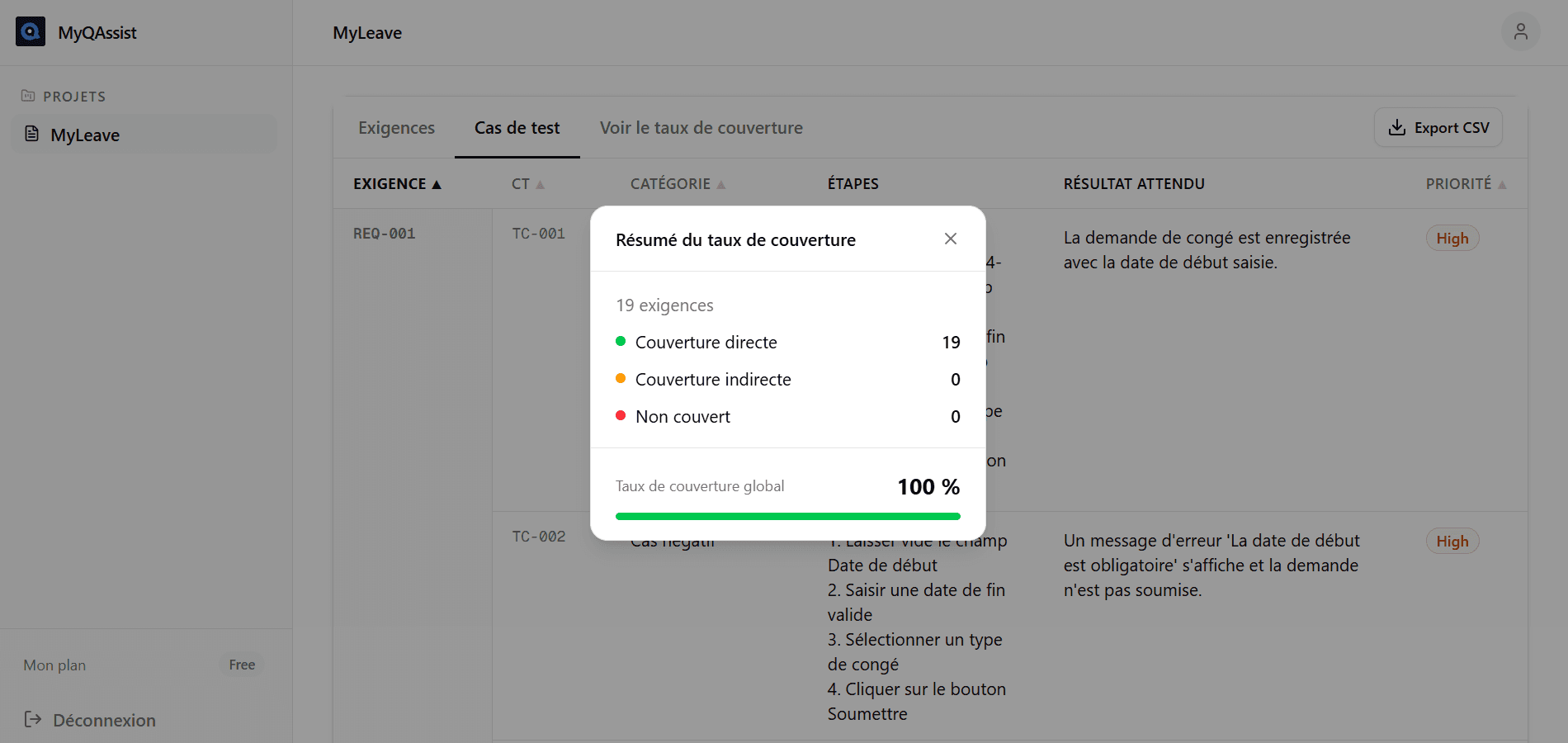 Edition des exigences dans MyQAssist